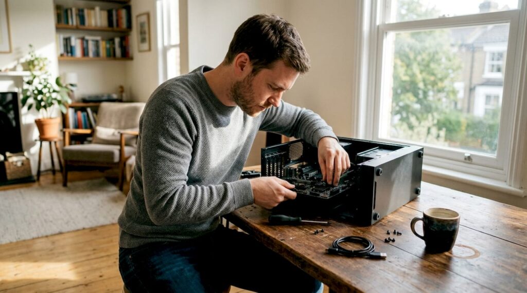 Een man installeert een moederbord in een open computerbehuizing.