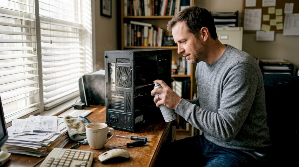 Een man maakt zijn computer schoon terwijl hij aan zijn bureau zit.