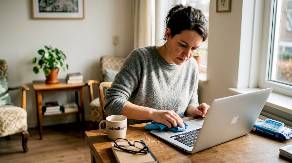 Een vrouw maakt haar laptop schoon aan haar thuiswerkplek.